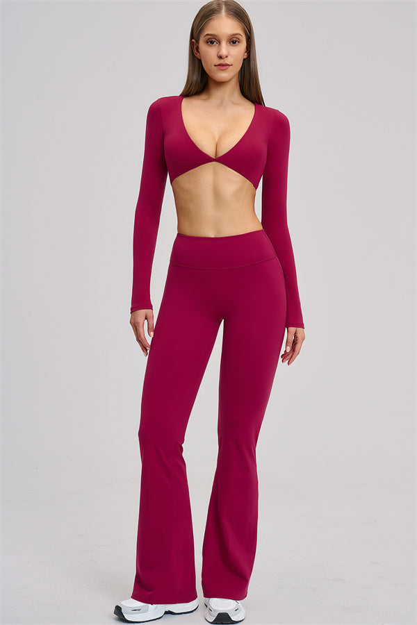 The Zestful Long Sleeve Crop Top Flared Leggings 2-Piece Set
