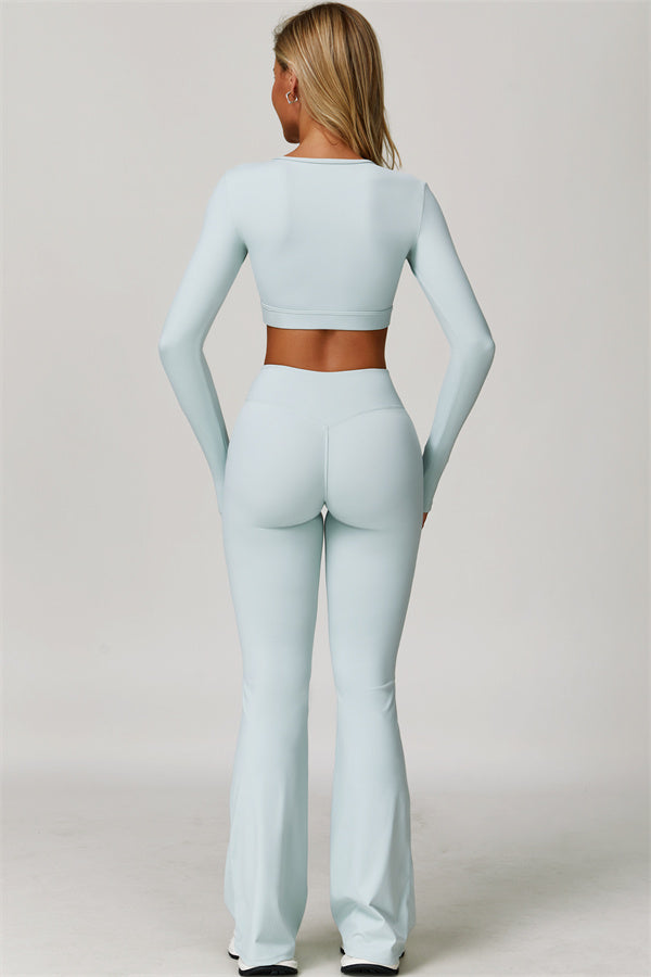 The Lavish Long Sleeve Cut-out Crop Top Flared Leggings 2-Piece Set