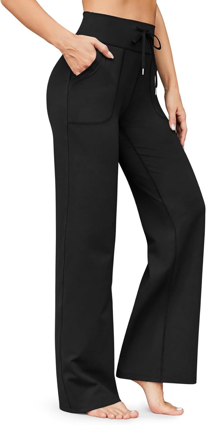 Womens Wide Leg Pants High Elastic Waisted Flare Yoga Pants with Pockets Lounge Pants Baggy Straight Leg Sweatpants