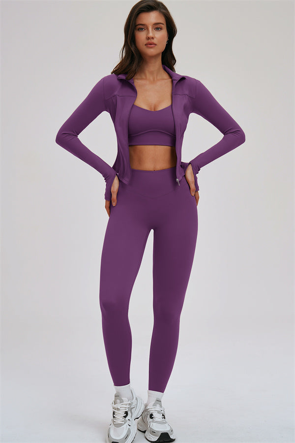 The Kinetic Zip Jacket Cross Back Sports Bra Leggings 3-Piece Set