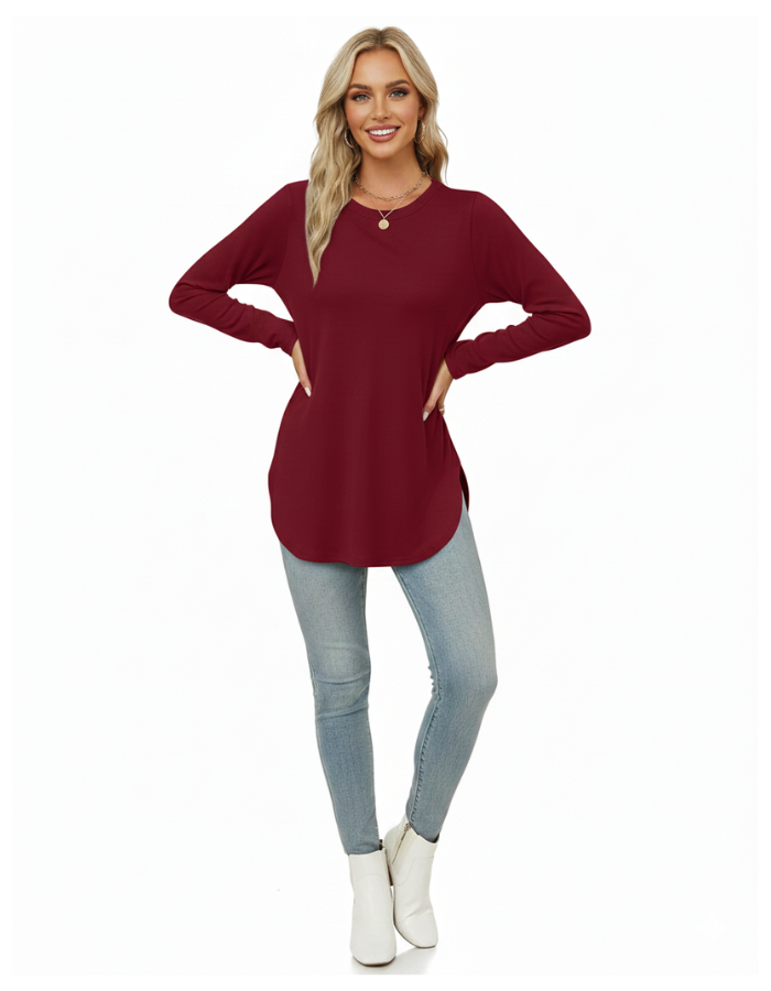 Womens Long Sleeve Round Neck Shirts Side Split Basic Loose Tunic Tops Casual