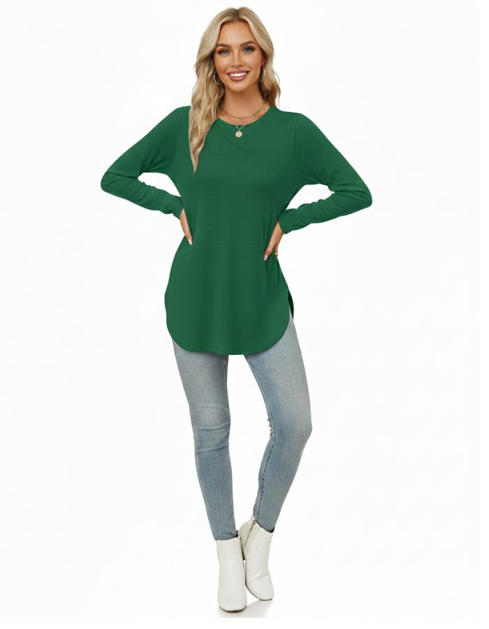 Womens Long Sleeve Round Neck Shirts Side Split Basic Loose Tunic Tops Casual