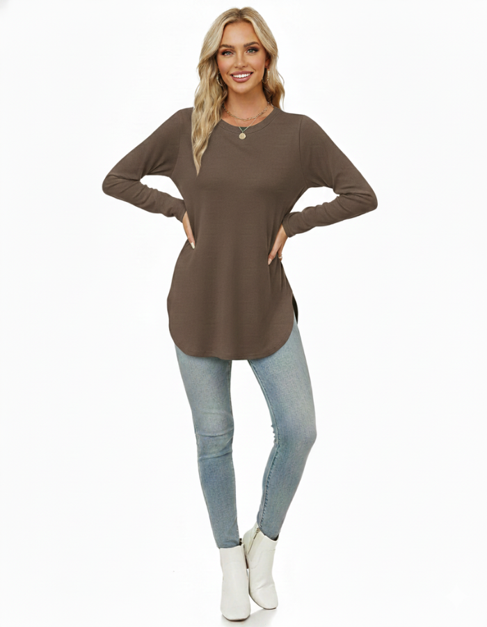 Womens Long Sleeve Round Neck Shirts Side Split Basic Loose Tunic Tops Casual