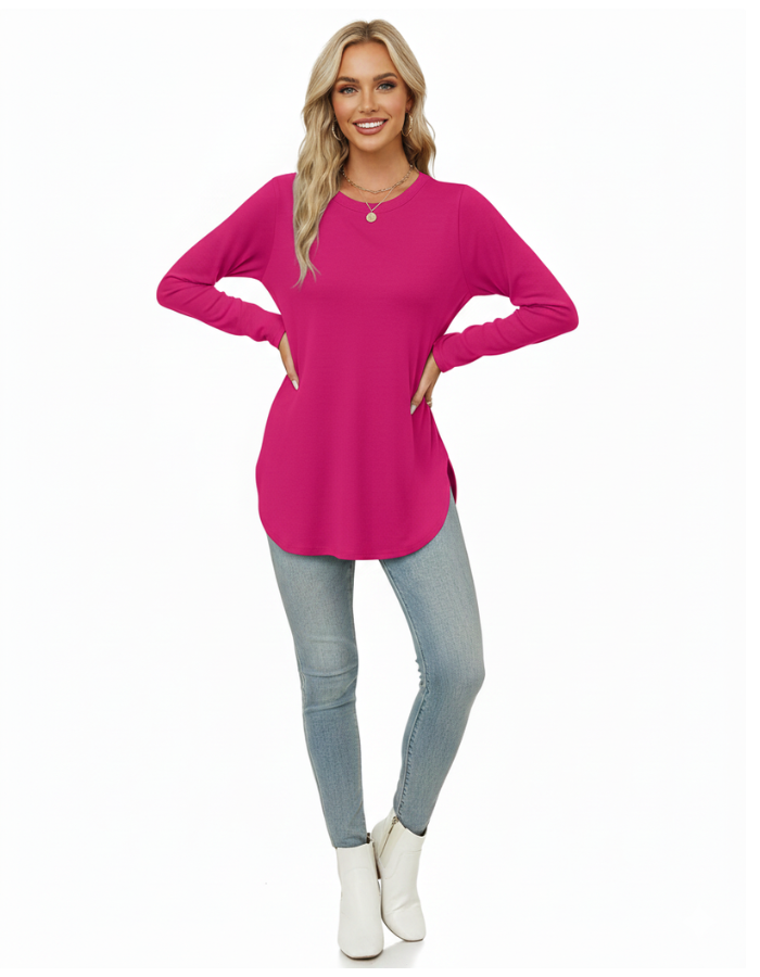 Womens Long Sleeve Round Neck Shirts Side Split Basic Loose Tunic Tops Casual