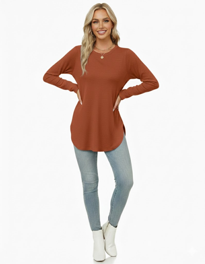 Womens Long Sleeve Round Neck Shirts Side Split Basic Loose Tunic Tops Casual