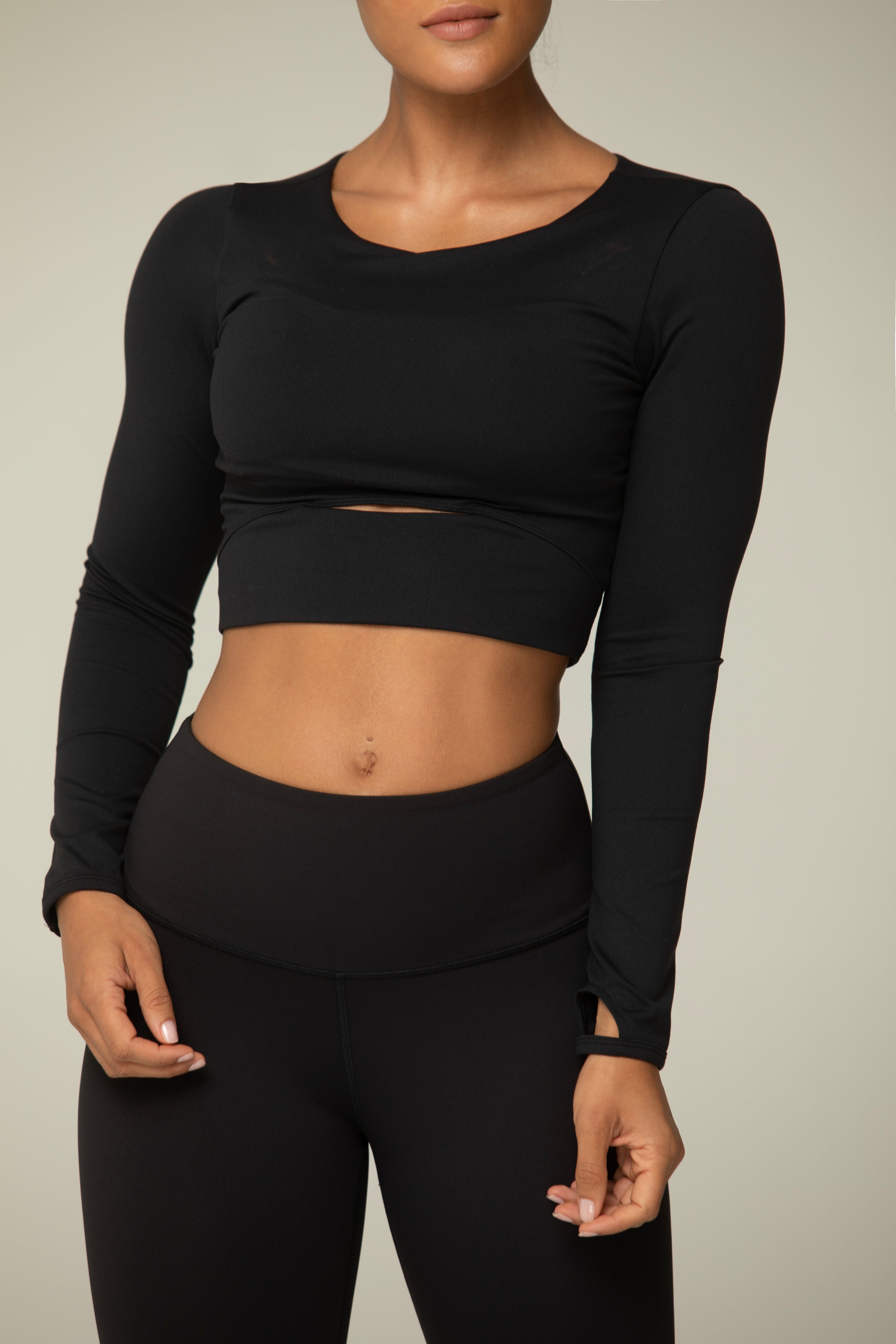 Mid-Slit Long Sleeve Crop Top for Women – Thumbhole Activewear Shirt, Stretch Workout Top