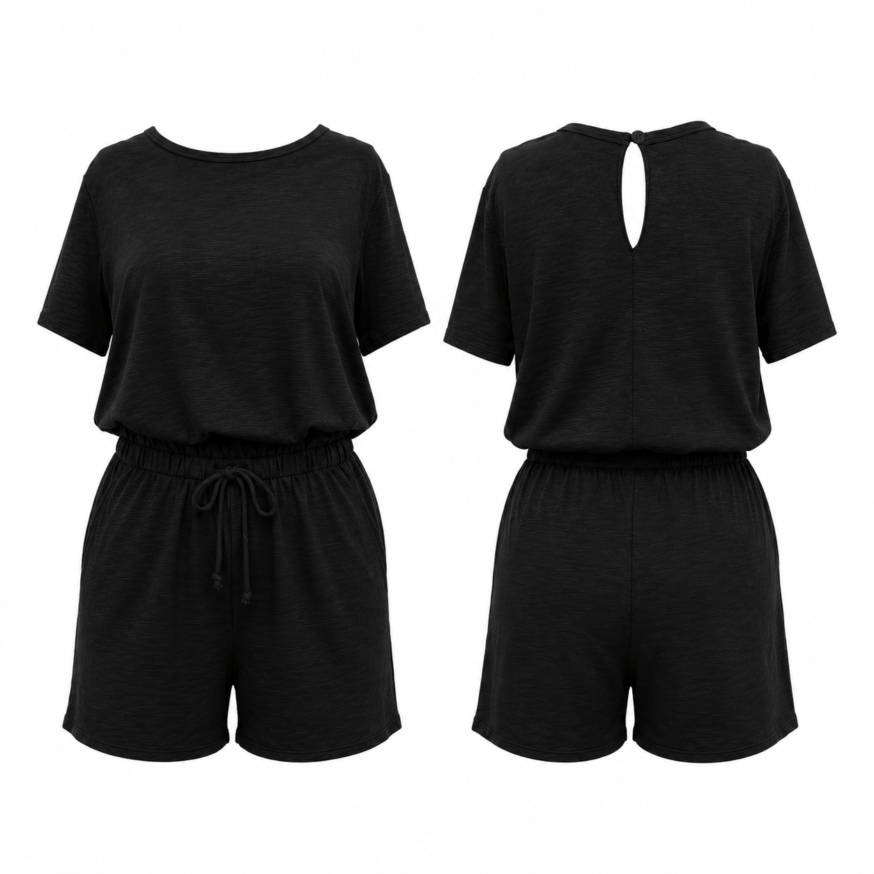 Sandy Short Sleeve Drawstring Romper - Black