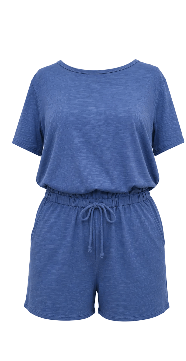 Sandy Short Sleeve Drawstring Romper - Denim